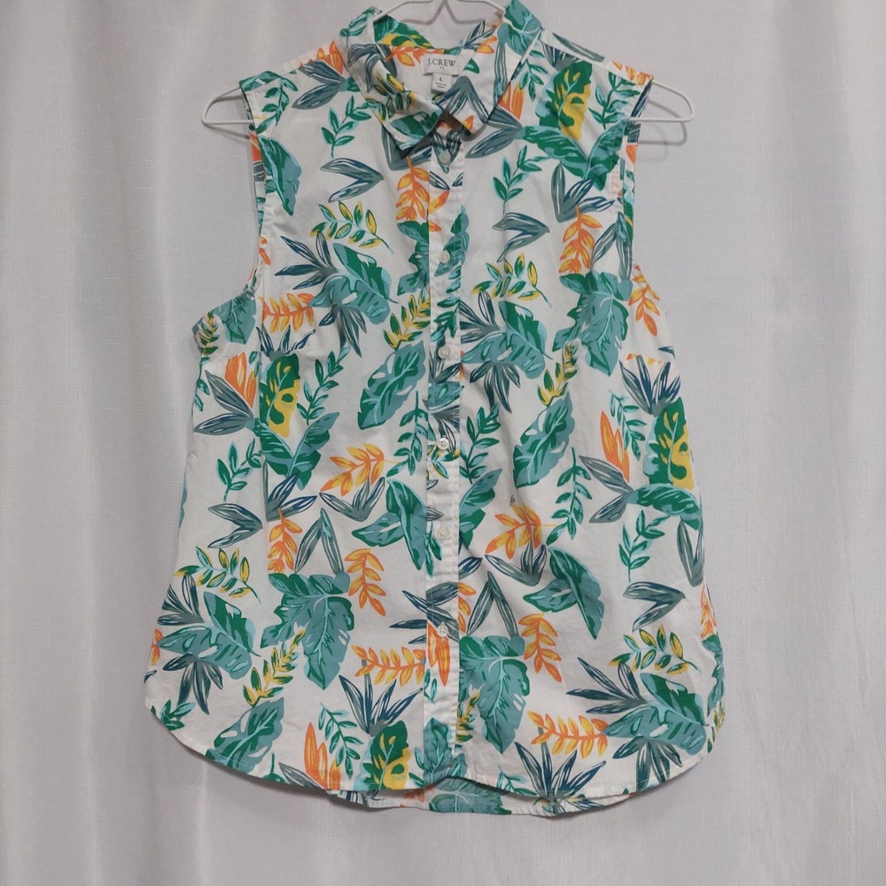 J Crew Womens Large Sleeveless Blouse Up Down Collar Floral Leaf Print Cotton